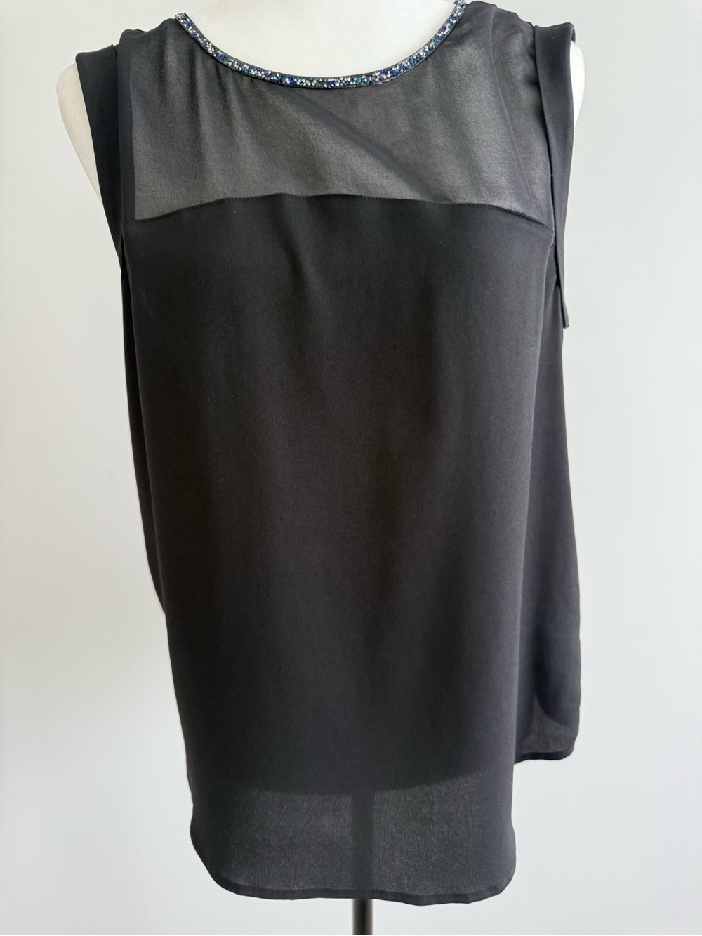 RW&CO. Black Sleeveless Sheer Yoke Blouse with Beaded Neck